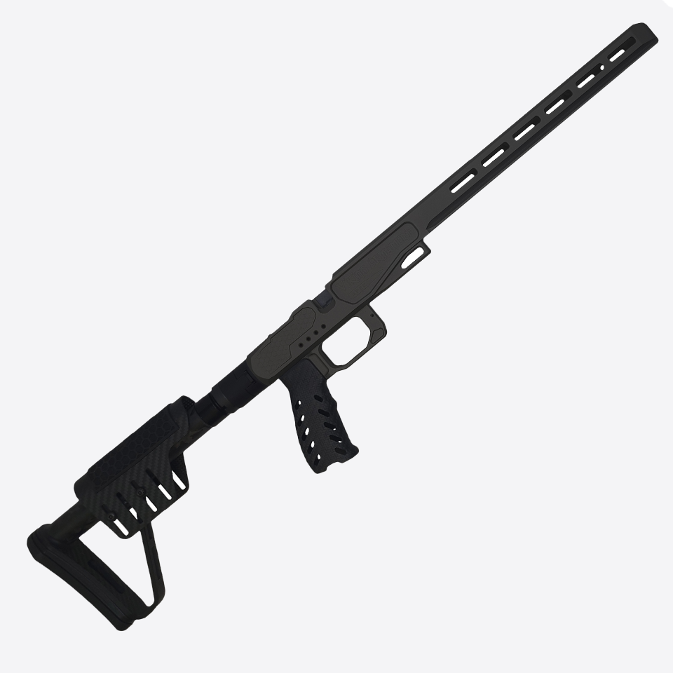 Black XLR Apex Chassis featuring carbon grip and adjustable stock, designed for precision shooting and compatible with Remington-style actions.