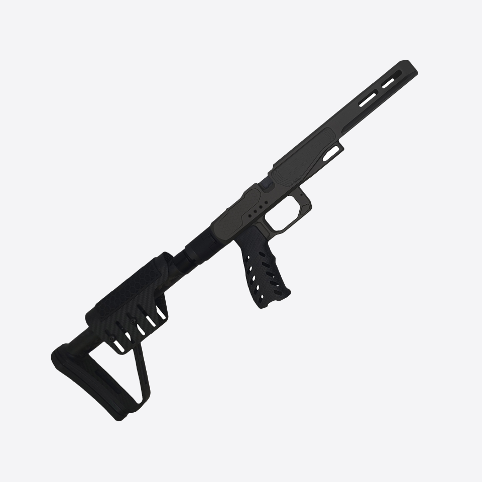 Black XLR Atom Road Runner Edition Chassis with folding stock, carbon grip, and tactical styling – side view on white background.
