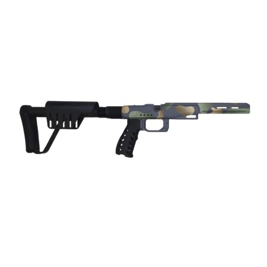 VA Road Runner Chassis in XLR Atom configuration with VA Multicam Cerakote – precision rifle chassis featuring carbon grip, folding stock, and pic rail, optimized for performance and style"