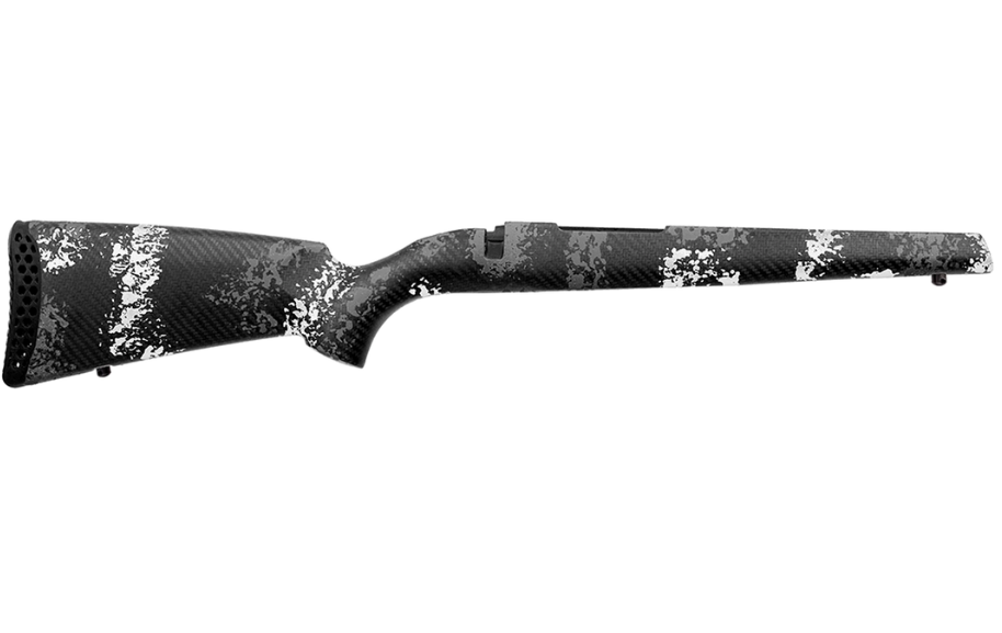 The Peak 44 Blacktooth was built out of necessity and engineered to be the lightest and strongest carbon fiber stock on the market. Starting at just 20 oz, the sporter style Blacktooth utilizes aerospace materials that have incredible strength-to-weight ratios. Each stock utilizes a patented carbon fiber bedding block, this slip of carbon engages the front recoil lug and transfers the force of the recoil directly to the exterior shell, for the shooter this means less felt recoil.